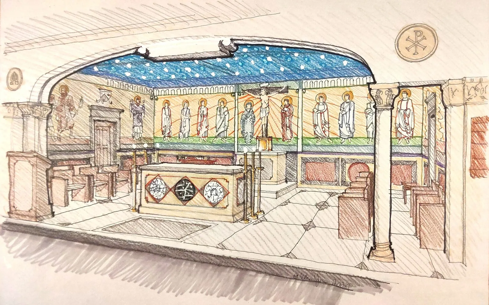 Pen-and-watercolor sketch of a chapel sanctuary with a star-studded blue ceiling, a row of mosaic saints in gold and red, and a marble altar.