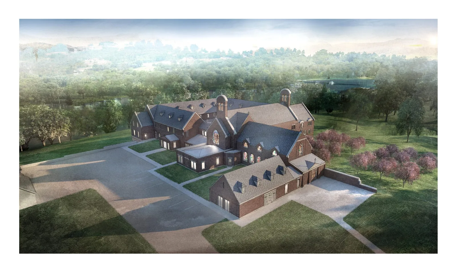 Aerial rendering of a brick monastery building at dusk, with a chapel wing and cloister arcade in the foreground and a lake beyond wooded hills in the distance.