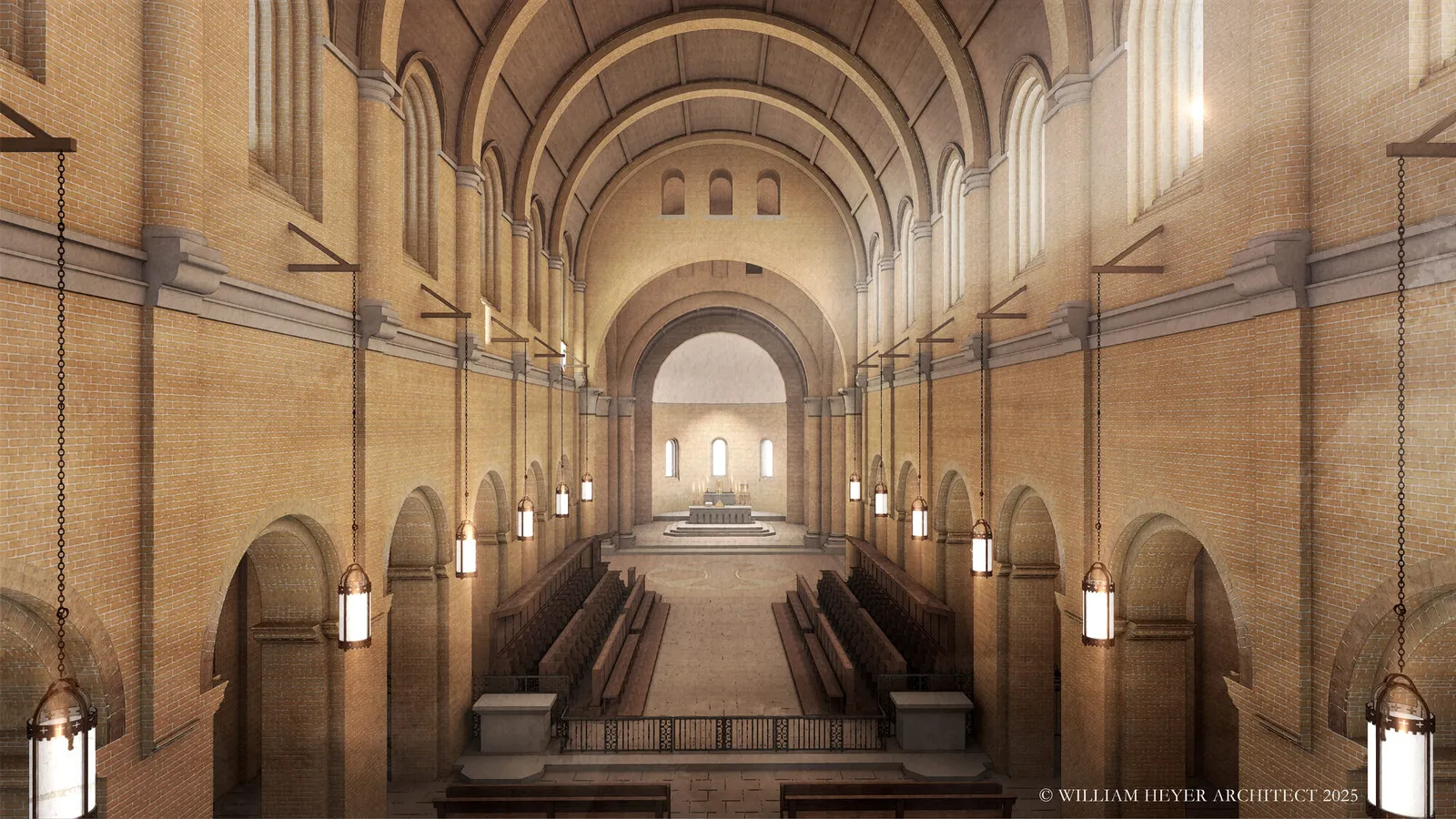Rendering of a barrel-vaulted monastic church nave with hanging lanterns leading toward a raised altar.