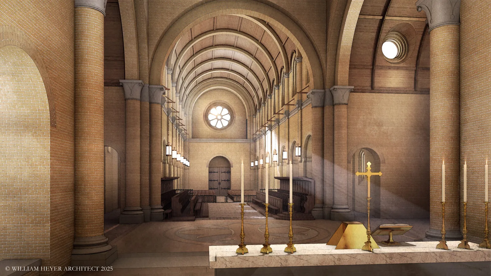 Rendering of a Romanesque church nave viewed from the sanctuary toward a rose window, with tall candlesticks and a processional cross in the foreground.