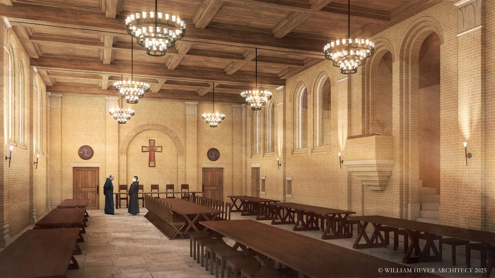 Rendering of a monastic refectory with long tables and benches beneath a wood-beamed ceiling, two monks in habits conversing near a wall cross.