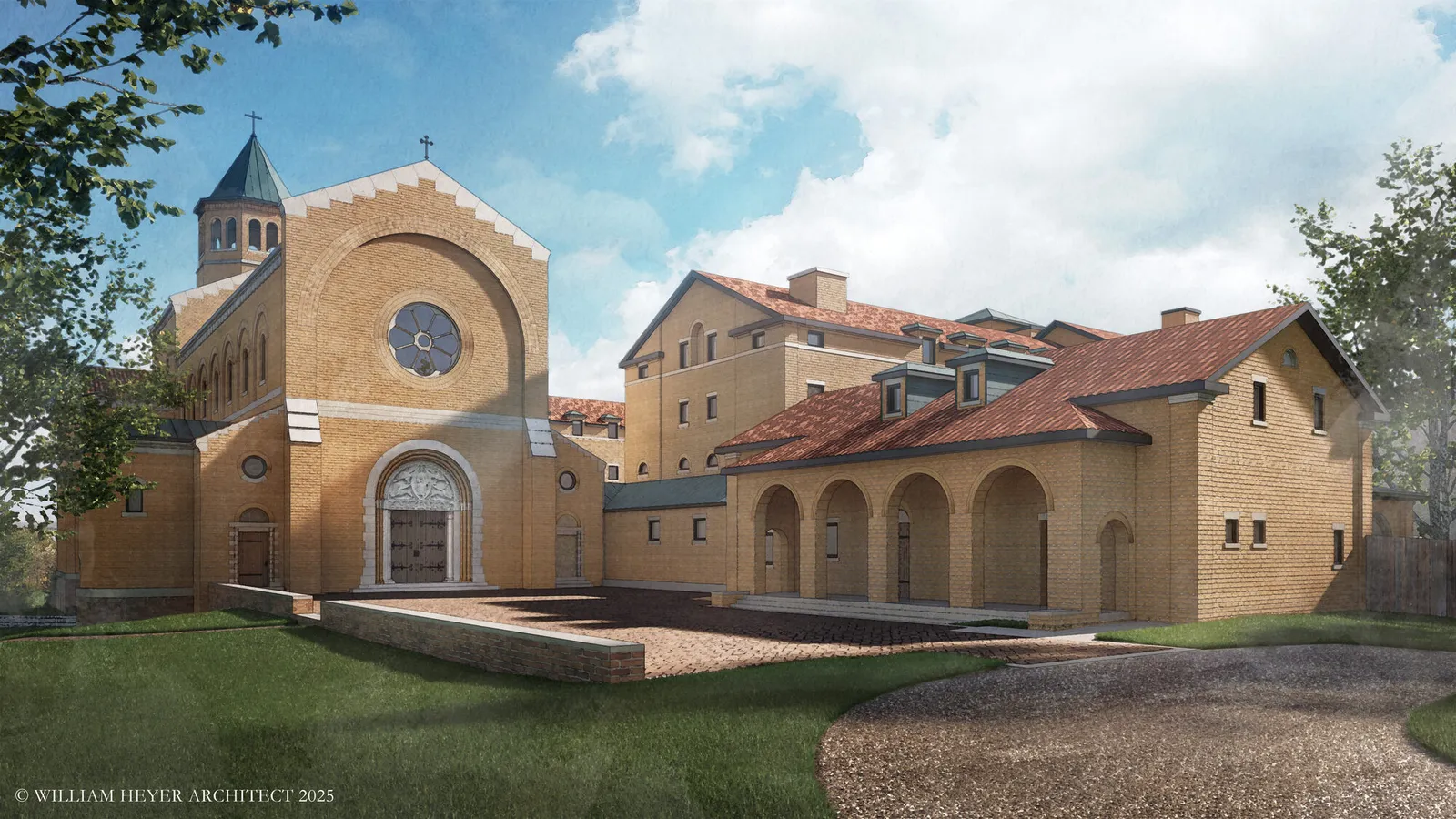 Rendering of a Romanesque monastery church facade with a bell tower and rose window, adjoining cloister buildings, under a blue sky.
