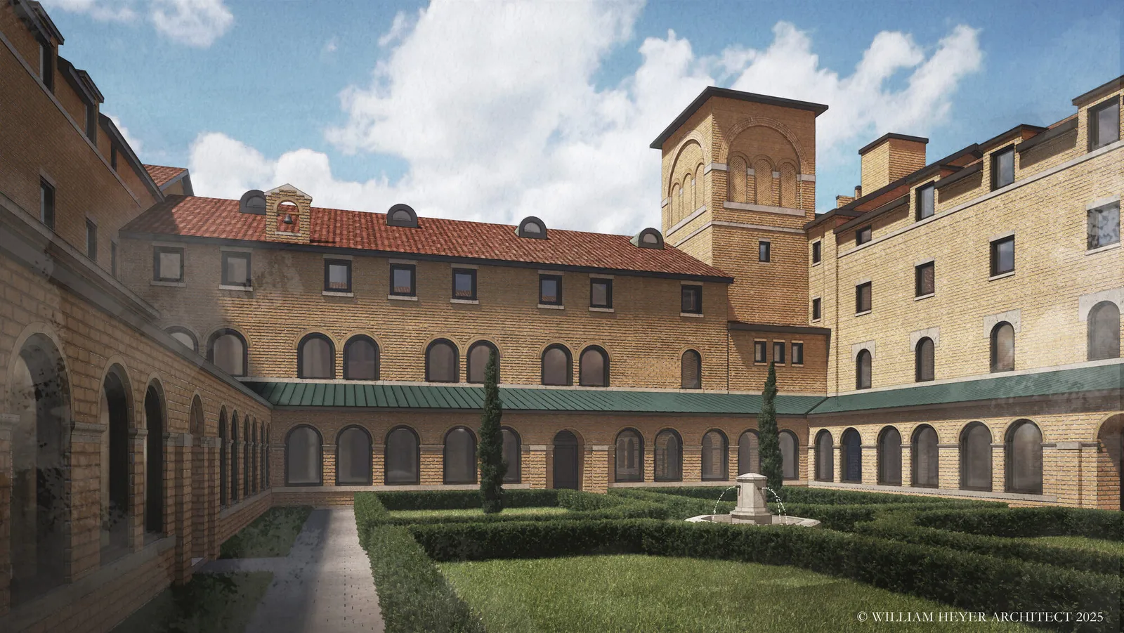 Rendering of a monastic cloister courtyard with an arcaded walkway, clipped hedges, and a central fountain.