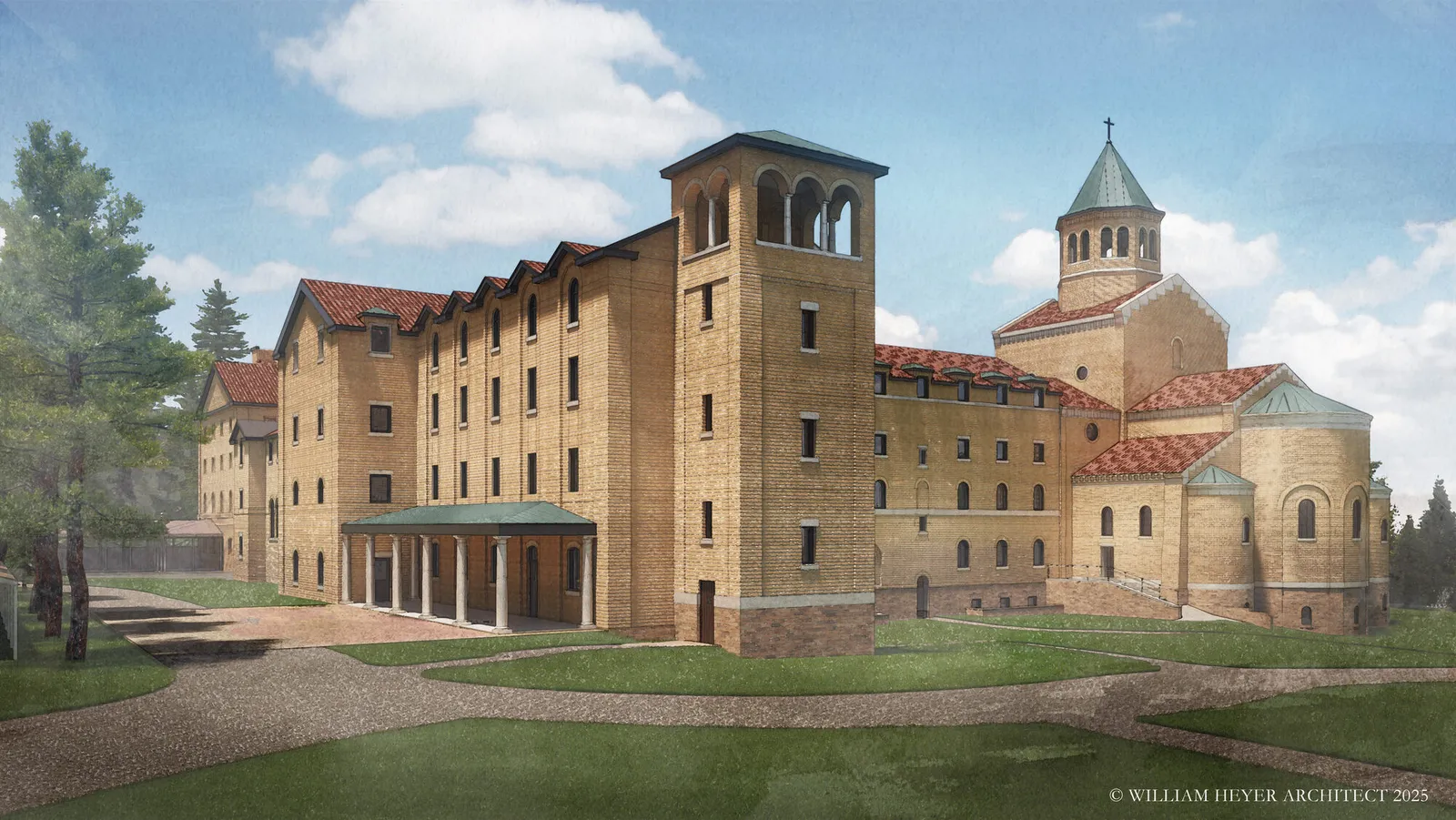Rendering of a monastery complex with a tall tower, tiled roofs, and the apse of the abbey church, seen from the east under a clear sky.