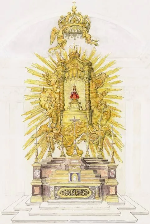Watercolor rendering of a gilded sunburst altarpiece topped with a crown held by angels, with a robed figure in the central niche.