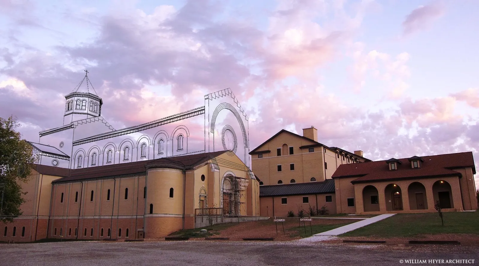 The same view with the proposed abbey church drawn in: a tall nave with a rose window and a domed tower rising between the wings.