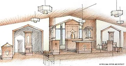 Colored pencil rendering of a sanctuary with a wooden altar and tabernacle beneath pendant lanterns
