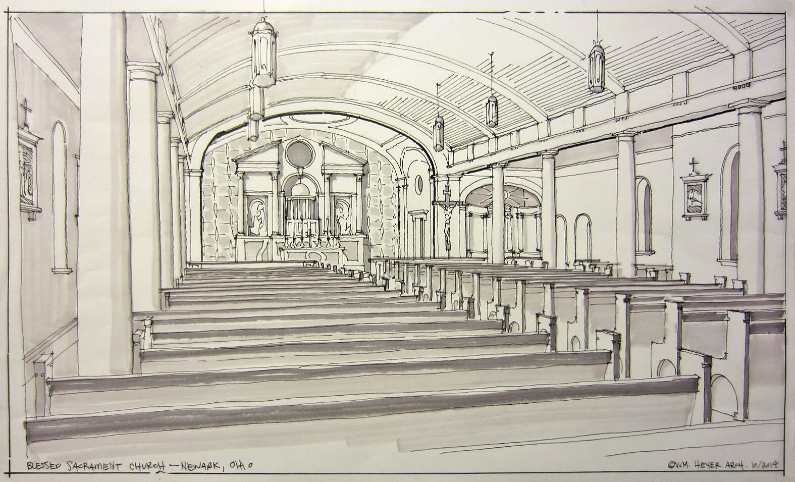 Hand-drawn architectural perspective sketch of the Blessed Sacrament nave looking toward the altar, dated 2014.