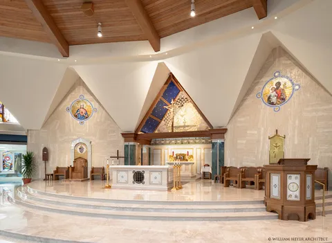 Interior of the Cathedral of St Joseph showing the beautified sanctuary with restored artwork