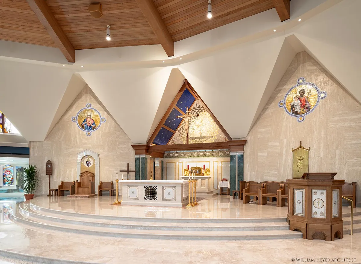Interior of the Cathedral of St Joseph showing the beautified sanctuary with restored artwork