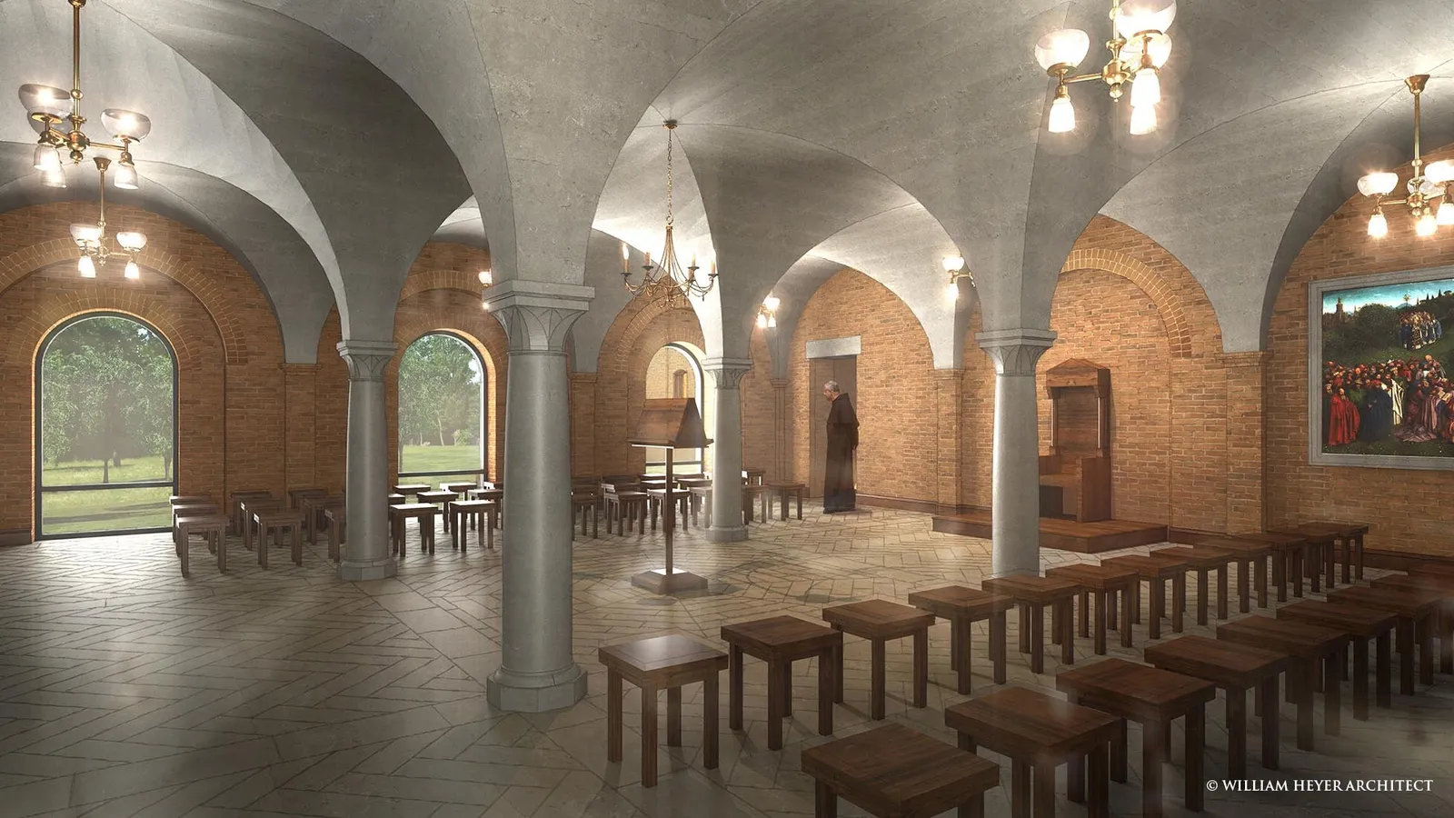 Rendering of the chapter room from 2021: a groin-vaulted hall on stone columns, benches along the walls and lamps hanging from the vaults.
