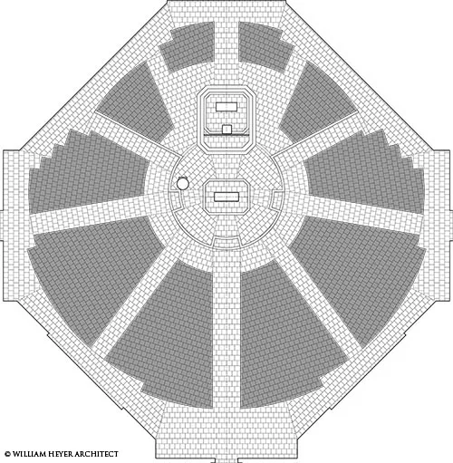 Architectural floor plan of an octagonal church with radial seating around a central sanctuary