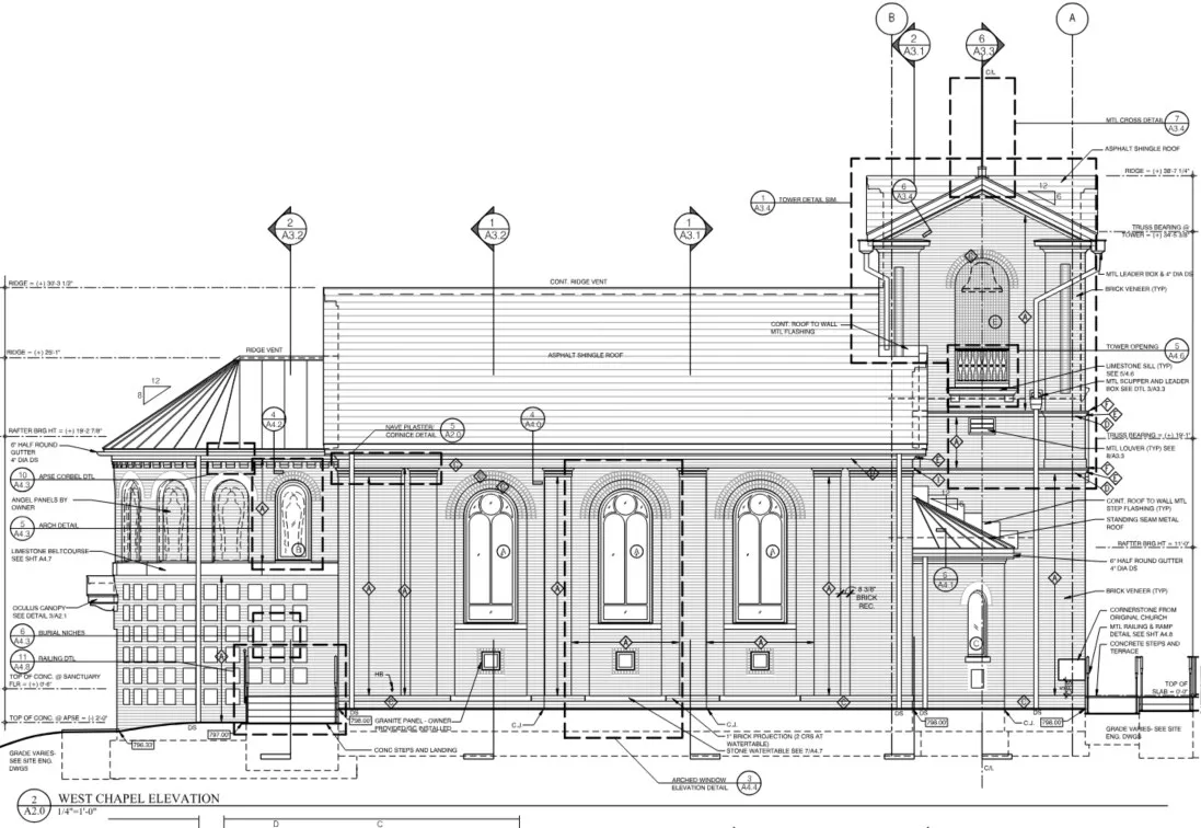 Construction-document sheet: annotated west elevation of a chapel with bell tower, arched windows and detail callouts