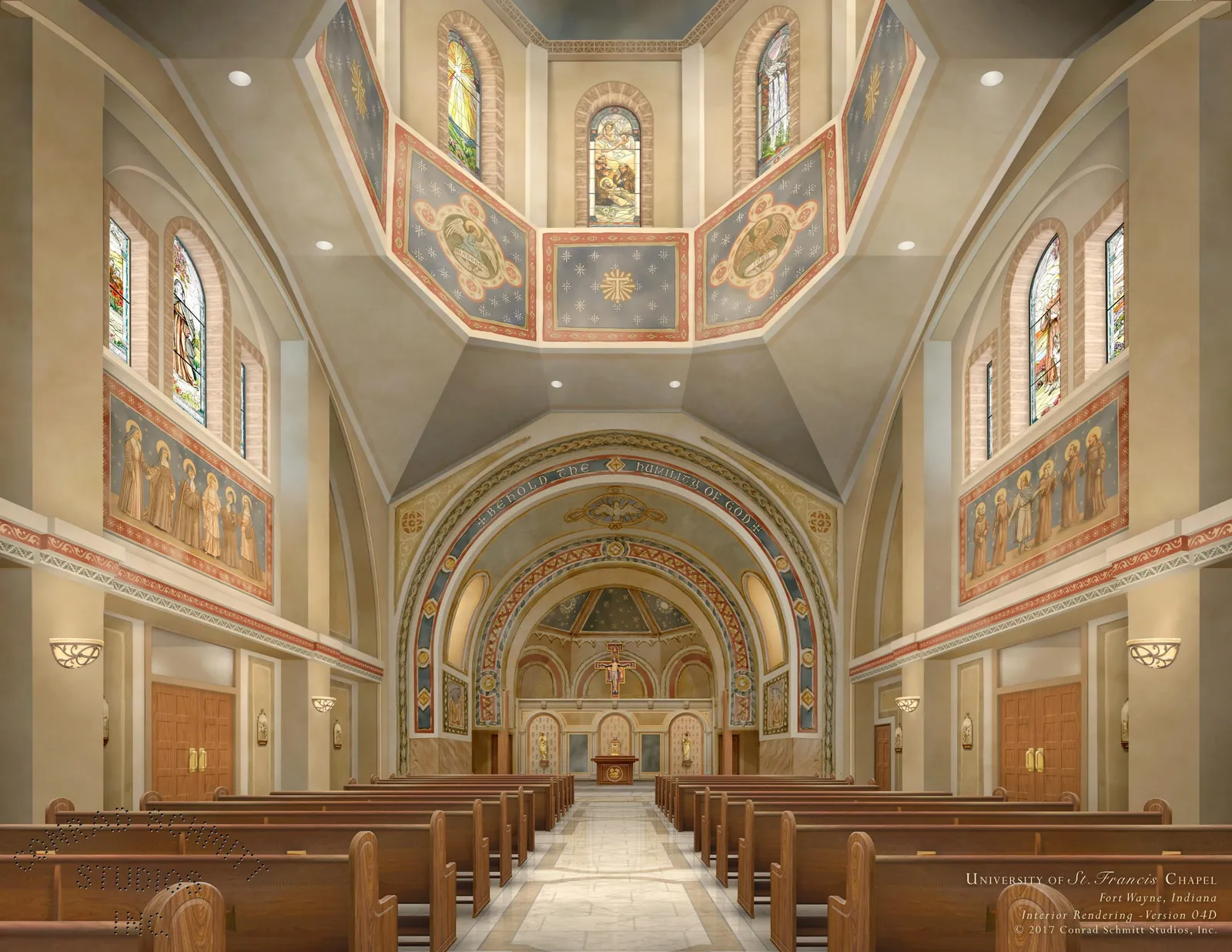Rendering by Conrad Schmitt Studios of a proposed decorative scheme for the oratory interior: a coffered ceiling, an arched apse with a painted figure of Christ and gilded ornament, painted panels along the nave walls and stained-glass windows.
