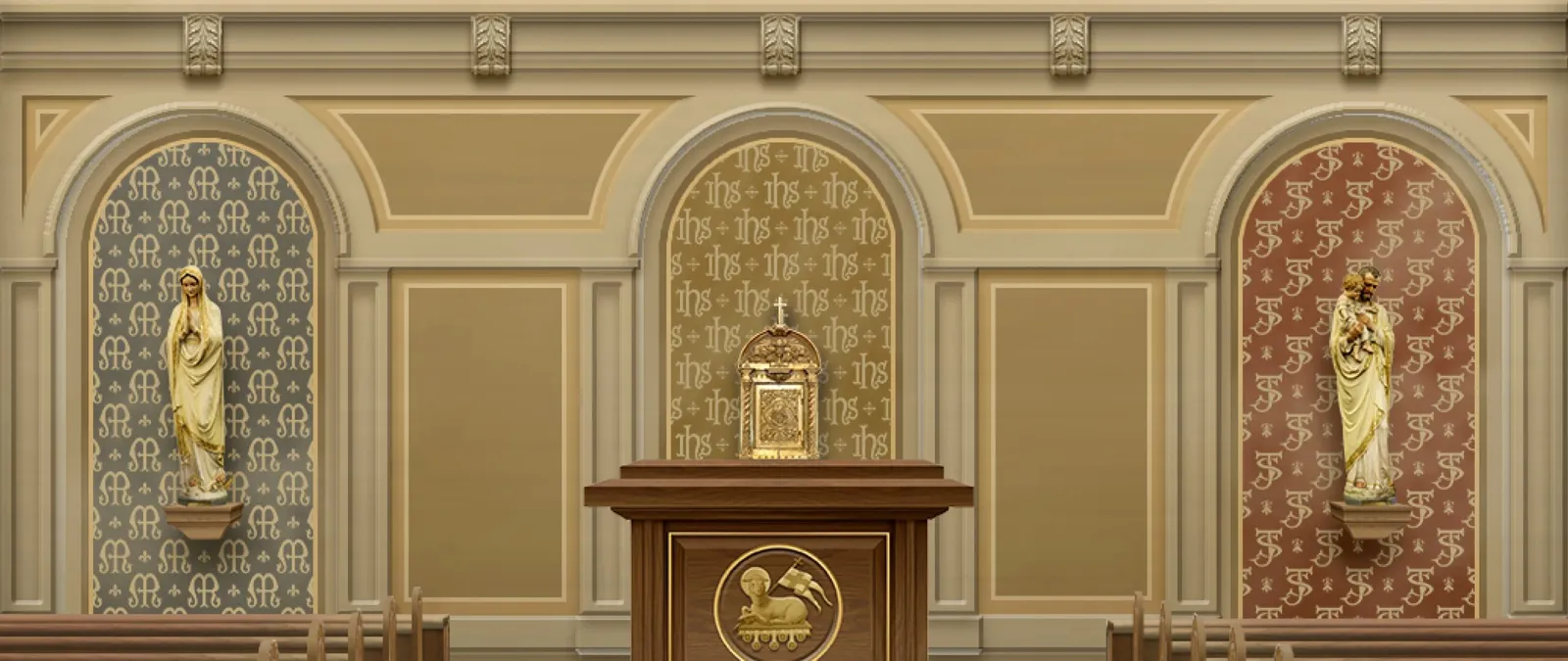 Rendering by Conrad Schmitt Studios of a proposed sanctuary wall: three arched niches on patterned grounds, statues of saints in the outer two, the tabernacle in the center, and a wooden altar with a dove emblem before it.