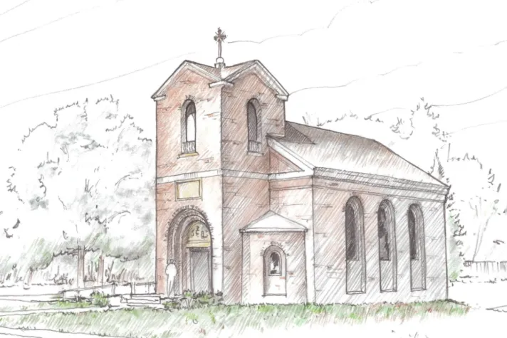 Colored-pencil design sketch of a small brick church with a bell tower, arched windows and an entrance porch, set among trees
