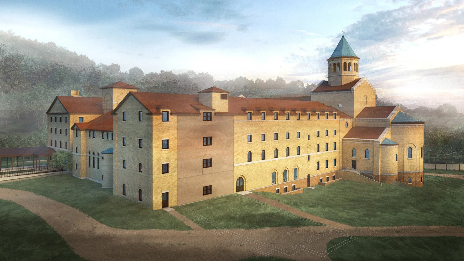 Rendering of the east wing dated 2021: a long four-story range with a tiled roof and a domed tower, seen across a meadow at dusk.