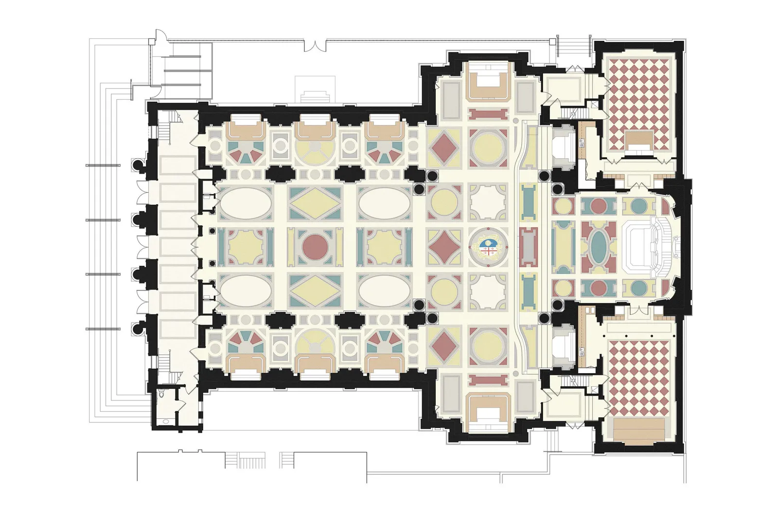 Colored architectural floor plan of the church showing decorative floor-tile patterns across the nave, sanctuary, and side rooms, dated April 2019.