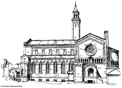 Pen-and-ink sketch of a Romanesque church with rose window, campanile, and rounded apse