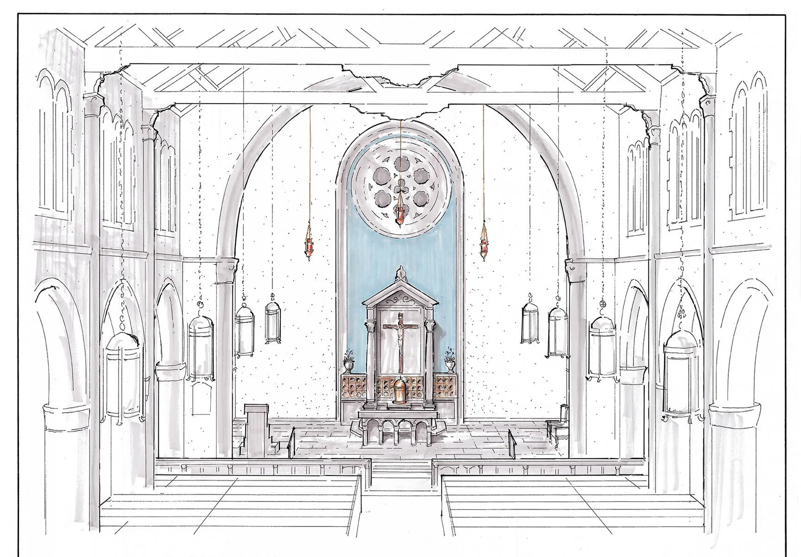 Colored pencil rendering of a Gothic sanctuary with a baldachin altar beneath a rose window