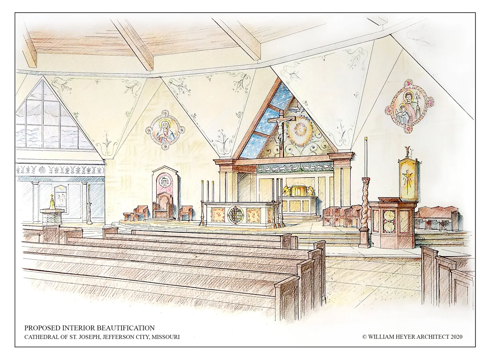 Scanned watercolor and pencil rendering labeled Proposed Interior Beautification, Cathedral of St Joseph, Jefferson City, Missouri, dated 2020, showing a decorated sanctuary with medallion paintings, a crucifix, and an altar.