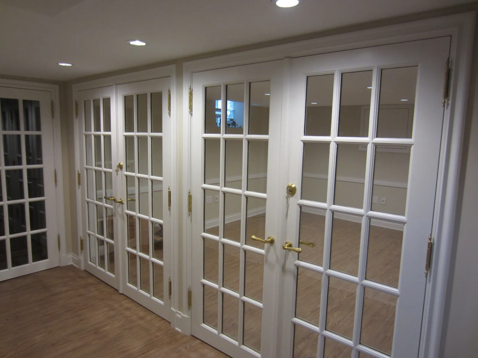 Row of white French doors with divided-light panes opening to an empty interior room