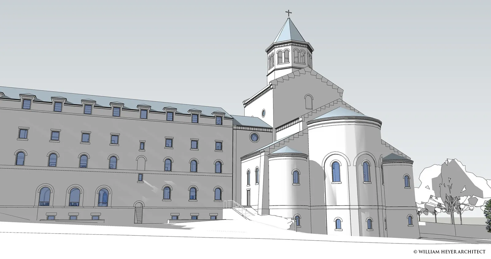 Massing model of the chevet: the abbey church's apse and tower rising beside the east wing.
