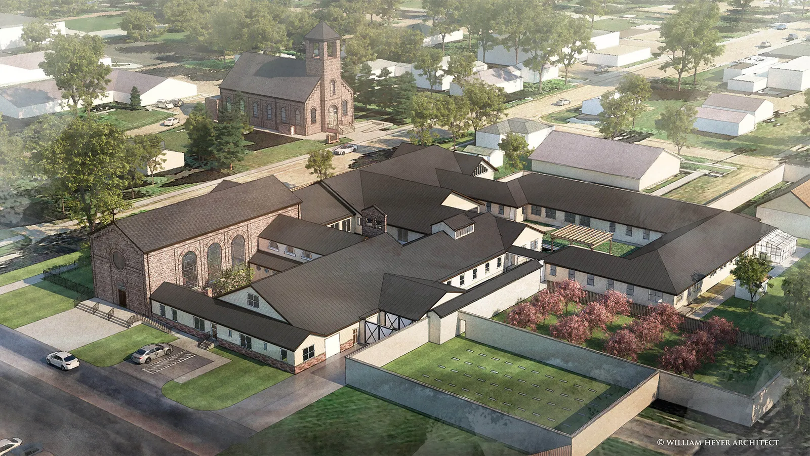 Aerial rendering of a monastery complex with courtyard wings beside a brick church