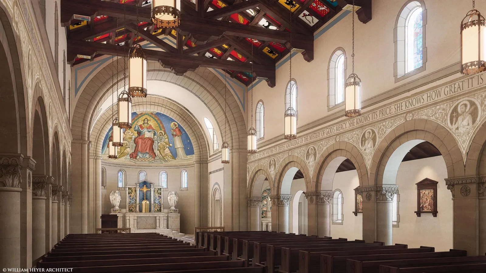 Rendering of a Romanesque chapel nave with painted timber roof and apse mural over the altar