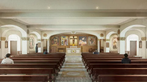 Rendering of a chapel interior facing the sanctuary, where colorful painted panels flank a crucifix above the marble altar, with murals in the side alcoves and worshippers seated in the wooden pews.