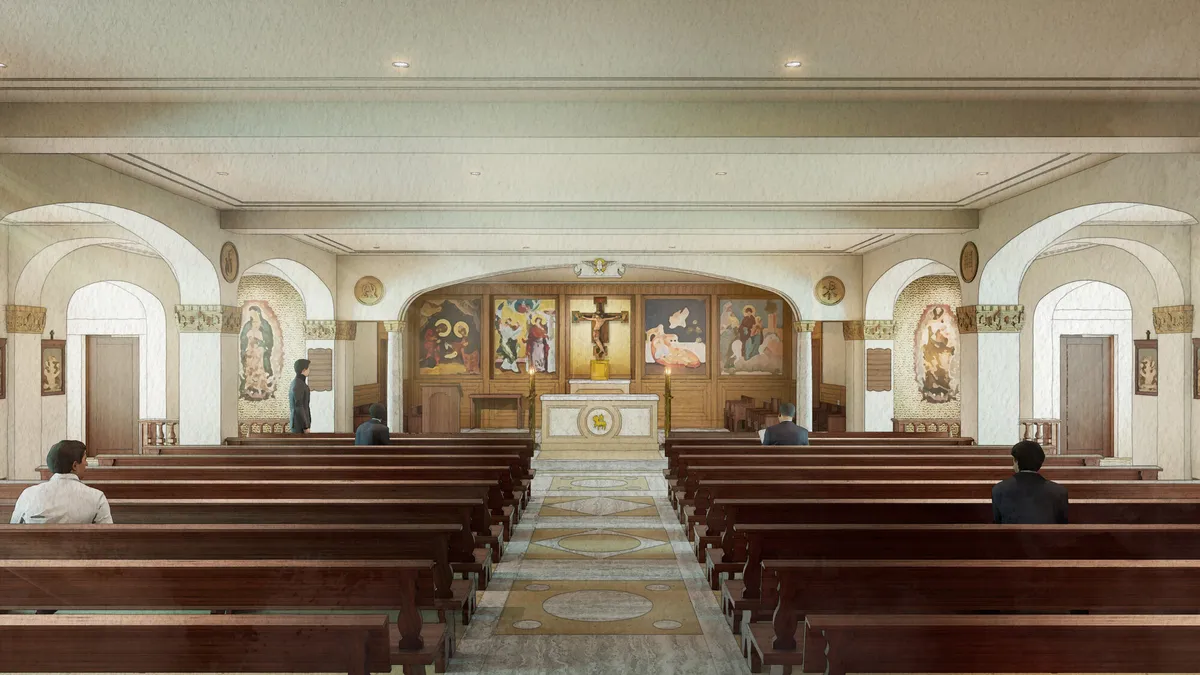 Rendering of a chapel interior facing the sanctuary, where colorful painted panels flank a crucifix above the marble altar, with murals in the side alcoves and worshippers seated in the wooden pews.