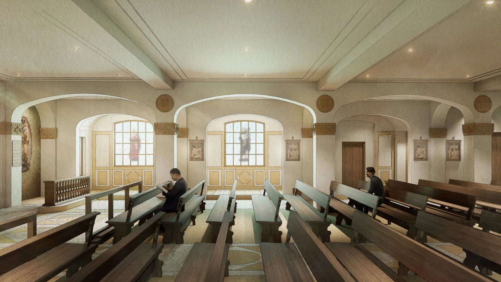 Rendering of a chapel interior facing a side wall with two arched stained glass windows depicting saints, decorative roundels above the arches, and two men seated in the wooden pews.