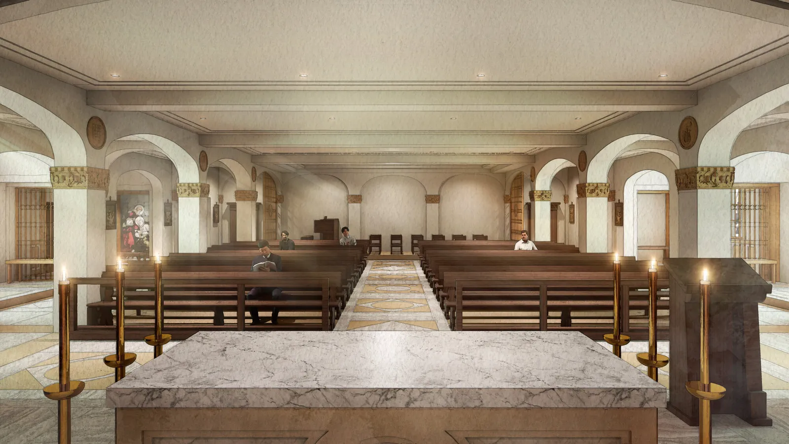 Rendering of a chapel interior viewed from behind the marble altar, flanked by tall brass candlesticks, looking down the central aisle past the pews to the arched rear of the chapel.