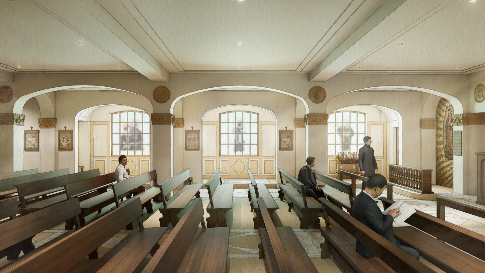 Rendering of a chapel interior facing a side wall of arched windows and framed devotional pictures, with a votive candle stand and gold mosaic at right and worshippers seated in the pews.