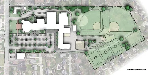 Campus master plan drawing showing church, parking, ball fields, and playing fields