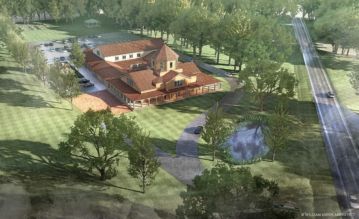 Aerial rendering of a proposed church campus with a tile-roofed church, cloistered walkway, pond, and landscaped grounds