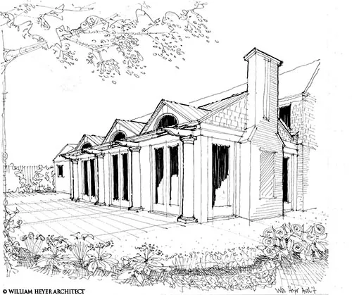 Pen-and-ink sketch of a house addition with arched dormers, columns, chimney, and terrace