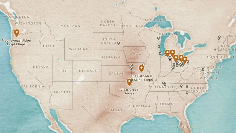 Map of the United States with the office's projects marked, most in Ohio and the Midwest