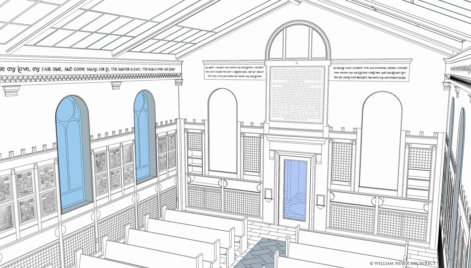 Line study of the interior toward the rear and organ loft, the windows shown in blue.
