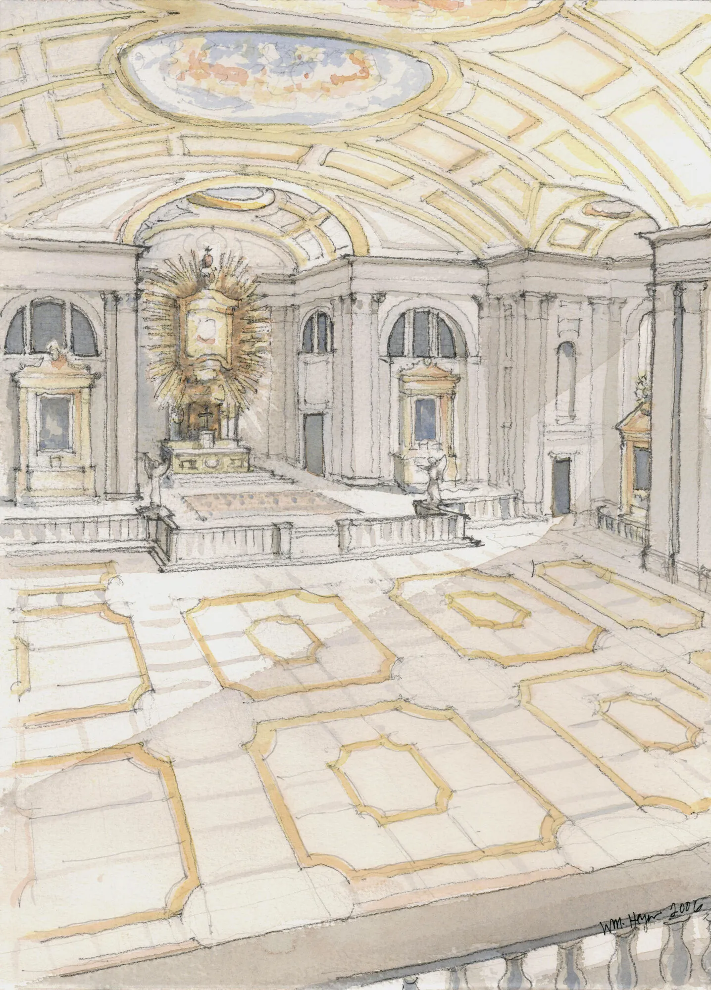 Pen-and-watercolor sketch of a church side aisle with clerestory windows and a decorative floor pattern, with the gilded altarpiece visible in the distance.