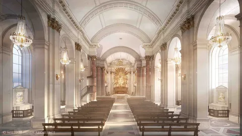Photorealistic rendering of a church nave with a coffered barrel-vaulted ceiling, crystal chandeliers, marble columns, wood pews, and a gilded sunburst altarpiece at the far end.