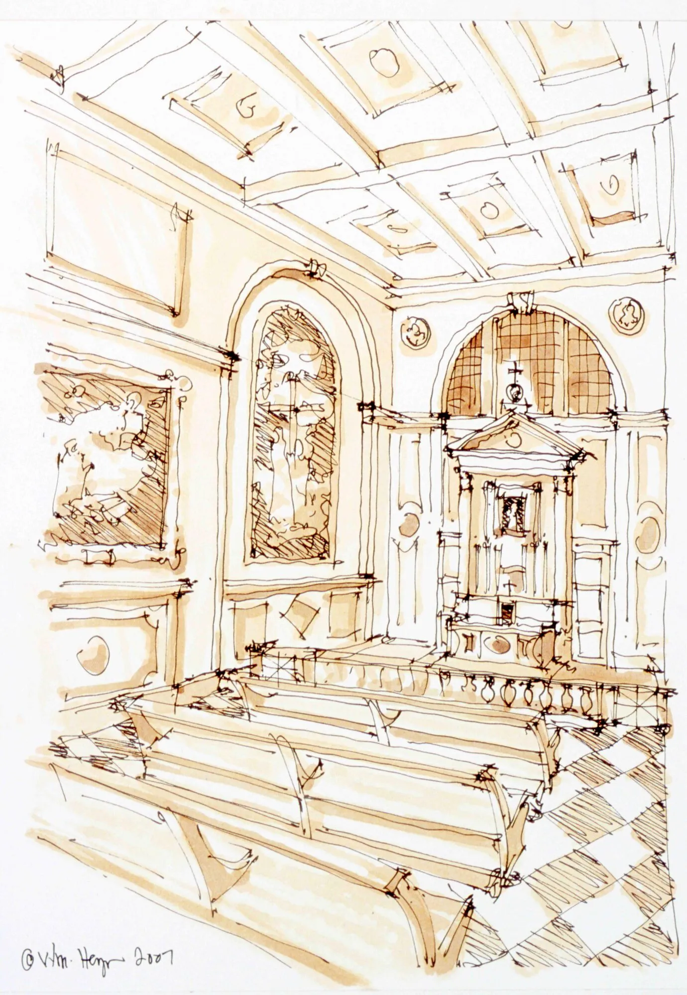 Pen-and-watercolor sketch of a side chapel with a pedimented altar surround, an arched stained-glass window, and pews.