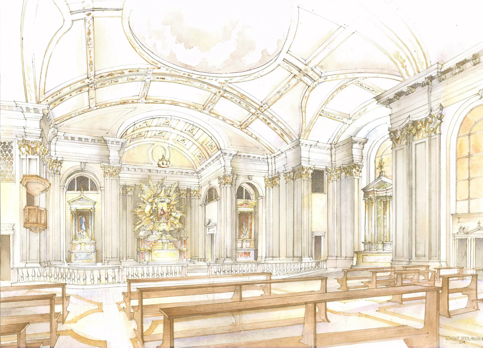 Watercolor and pen architectural sketch of the church sanctuary, showing a gilded sunburst altarpiece flanked by side altars beneath a domed, coffered ceiling.