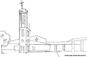 Line sketch of a church campus with a tall campanile and low connecting colonnade