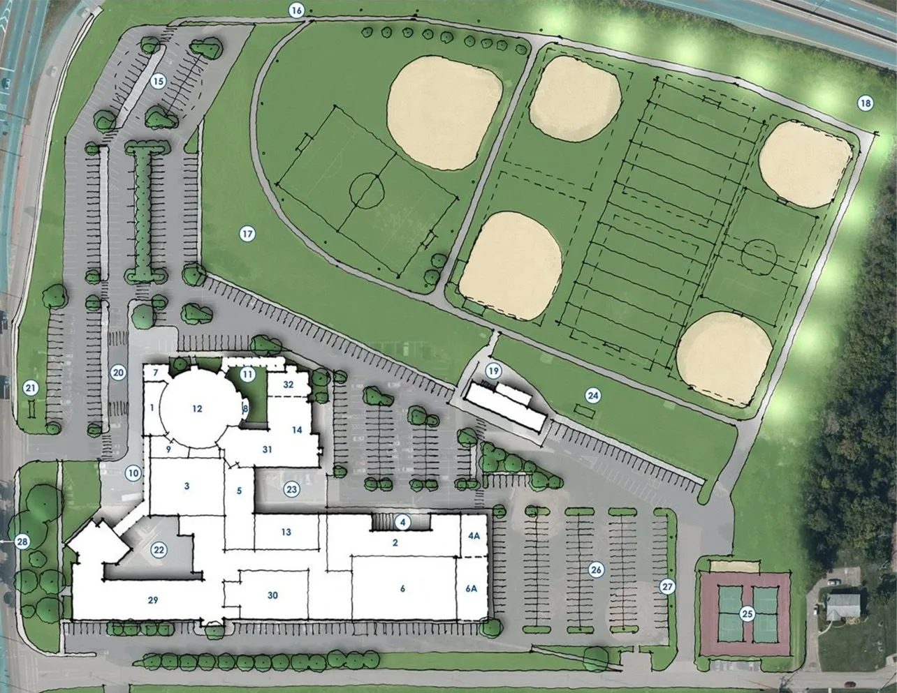 Numbered site plan of a parish campus with church, school, parking, and athletic fields
