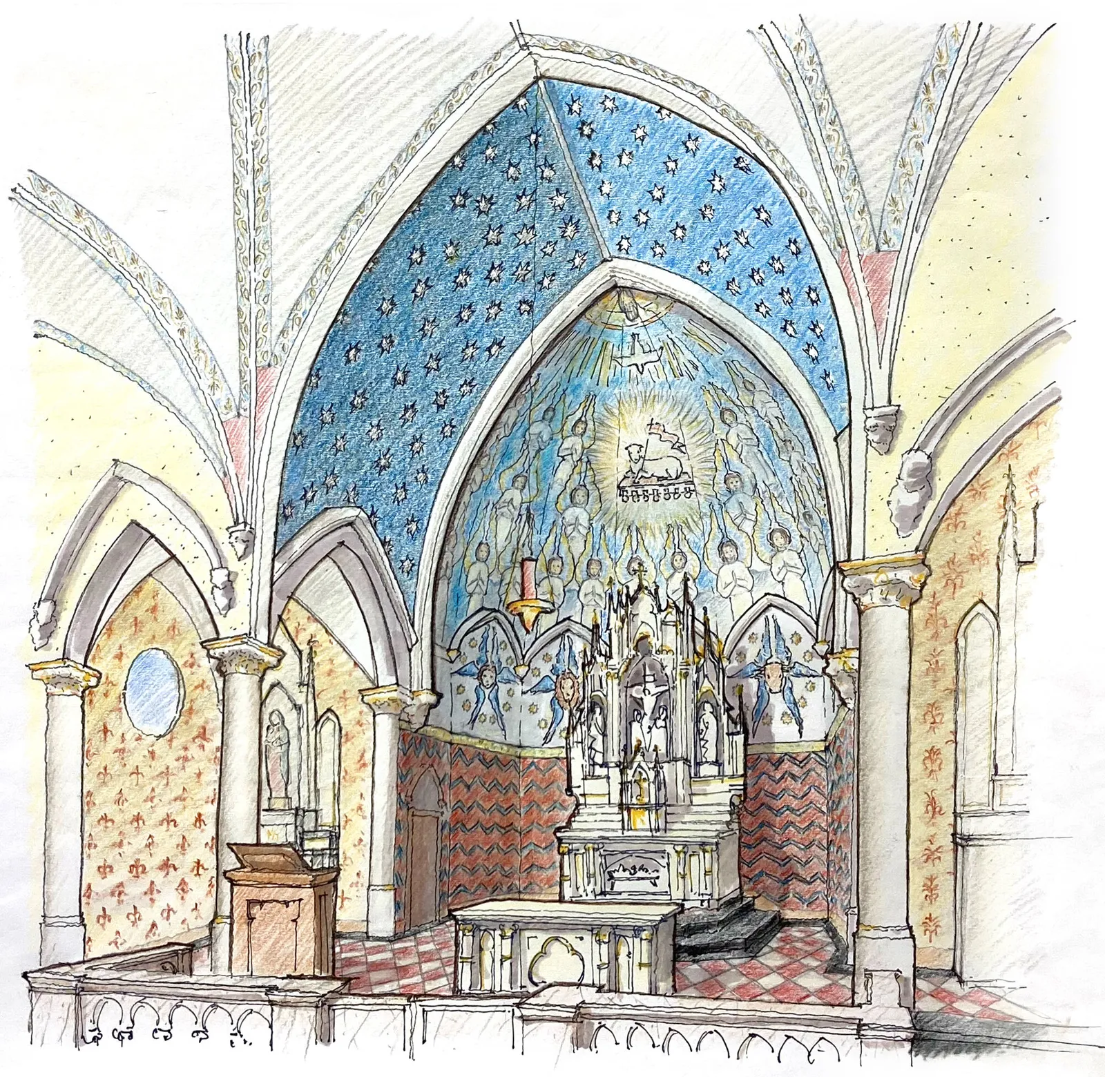Watercolor rendering of a Gothic apse with starred blue vault and stenciled walls