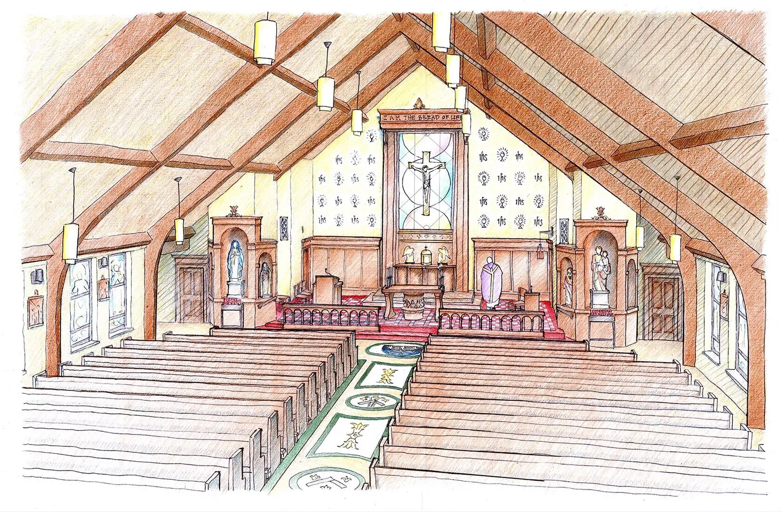 Colored pencil rendering of a timber-roofed nave with a tall altarpiece and patterned aisle