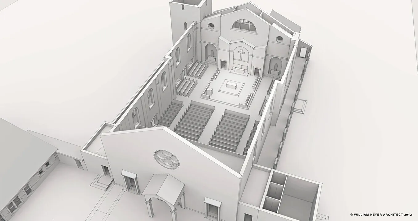 Cutaway 3D model of a church showing pews, sanctuary, tower, and rose window facade
