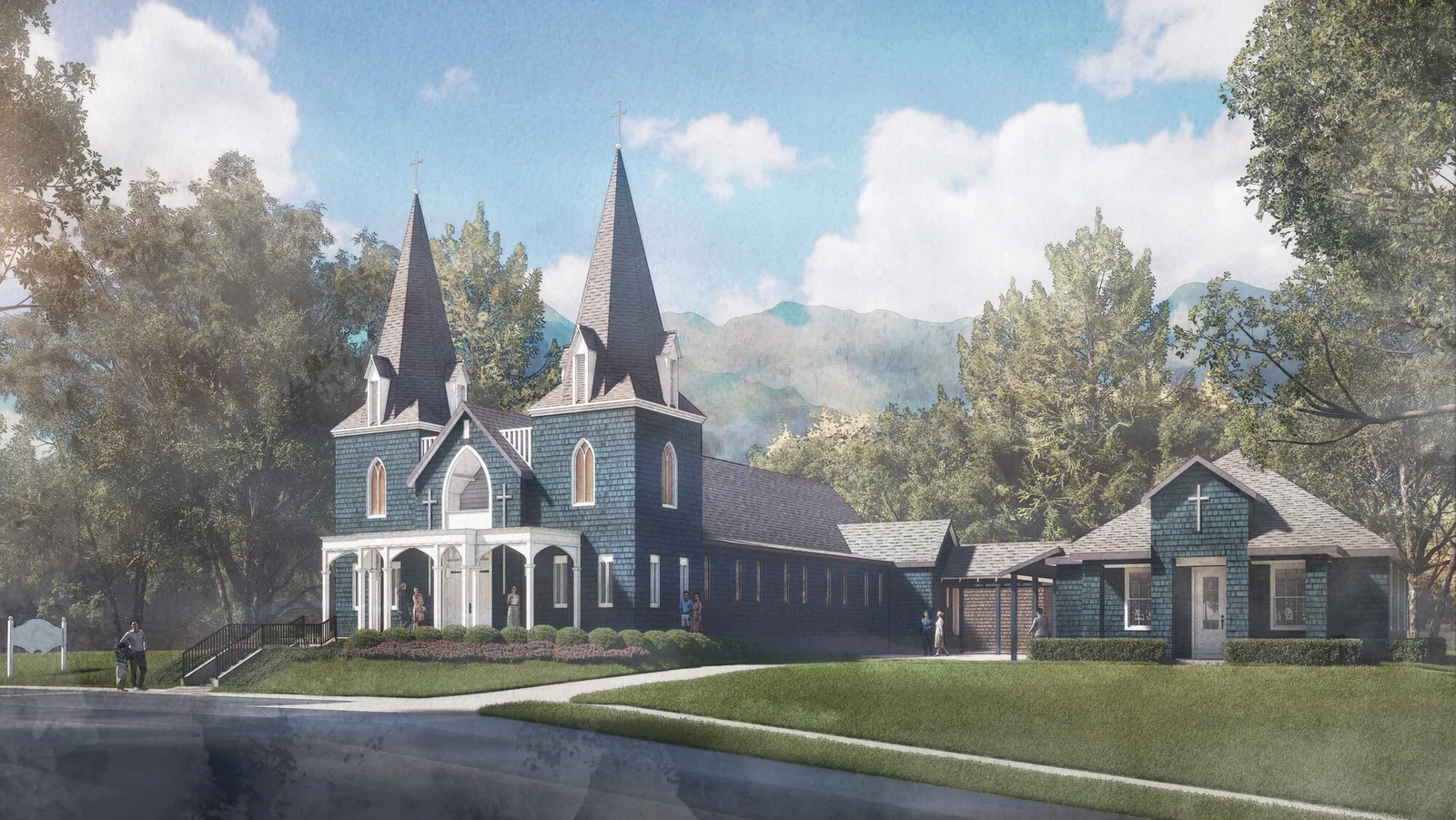 Rendering of a shingled twin-spired church and adjoining hall against wooded mountains