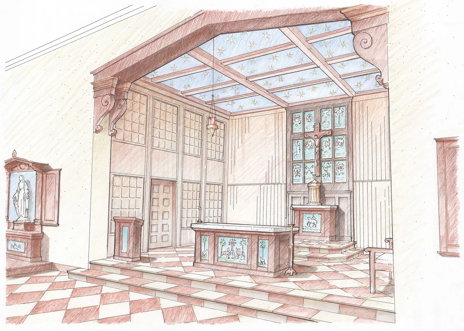Colored pencil rendering of a paneled chapel with star-painted ceiling and checkered floor